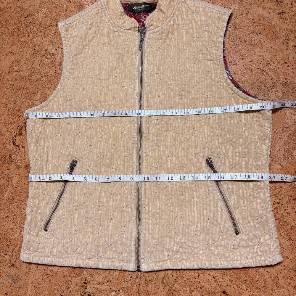 Eddie Bauer Wm’s Corduroy Quilted Floral Lined Zip Vest In Tan Sz L - Picture 9 of 10